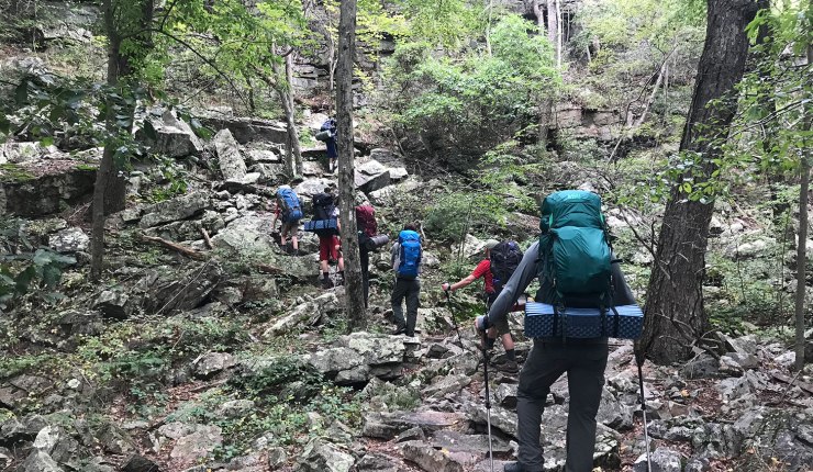 Hikers make their way up a rocky, forested trail