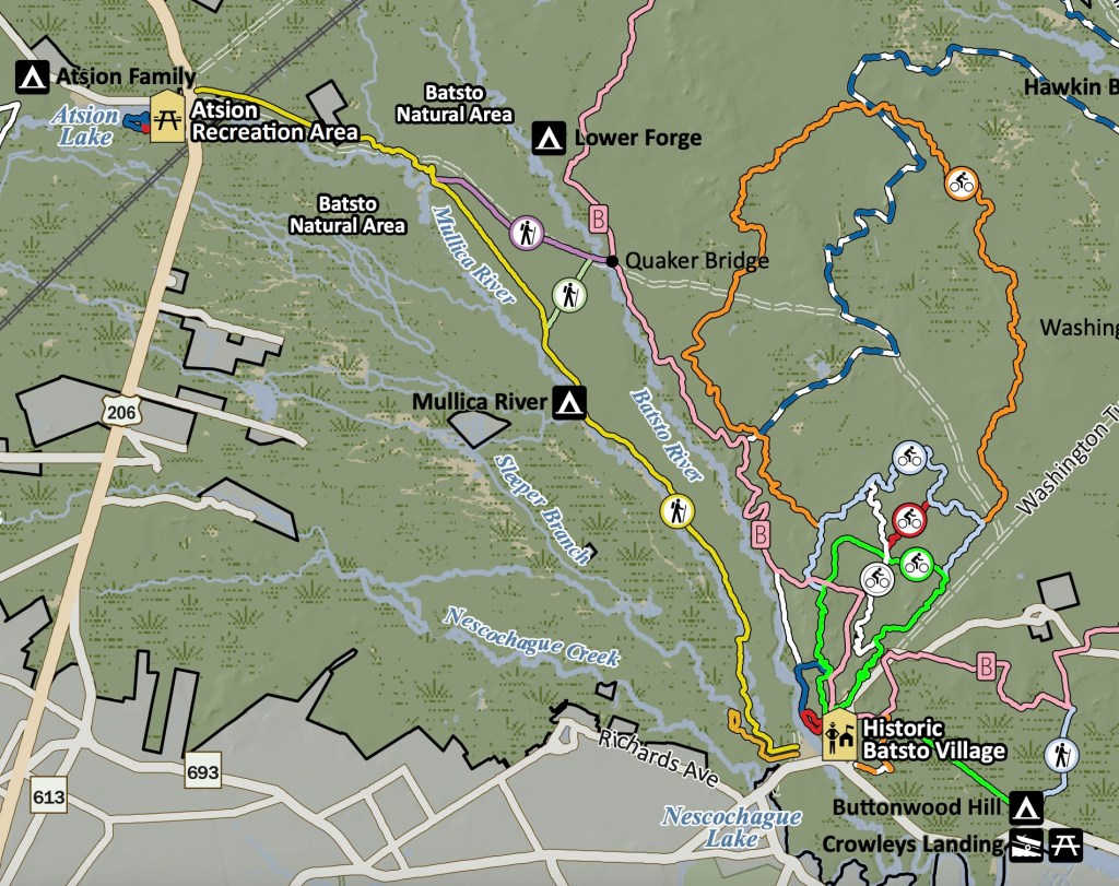 A map of Wharton State Forest, focused on the Mullica River Trail