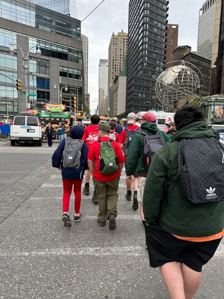 Scouts walking through New York City.